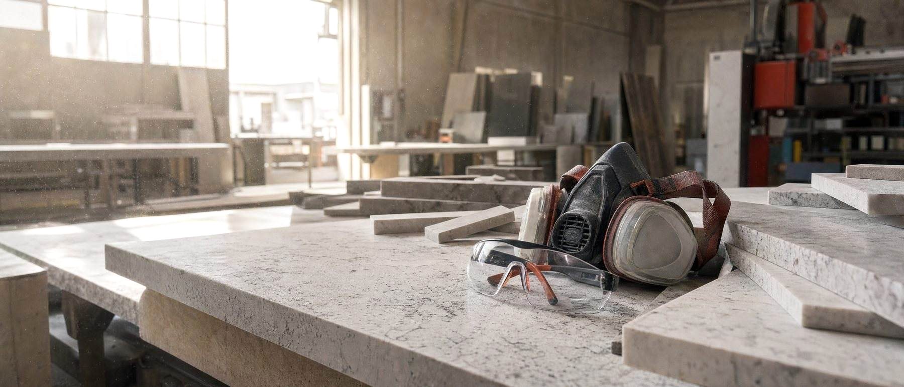 A respirator on a dusty stone shop bench, where heavy dust can lead to accelerated silicosis