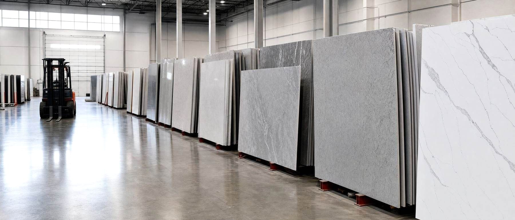 Polished engineered quartz slabs standing in a distributor's warehouse, the product named in Caesarstone lawsuits