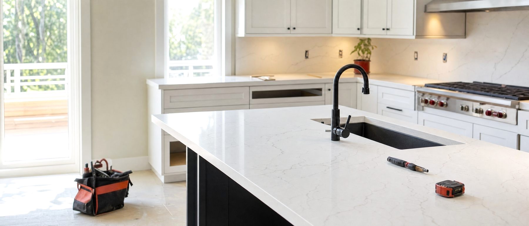A white veined quartz kitchen countertop of the kind at the center of the Cambria lawsuits