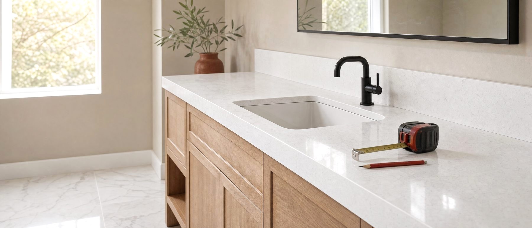 A quartz bathroom vanity top like the Silestone surfaces named in the Cosentino lawsuit