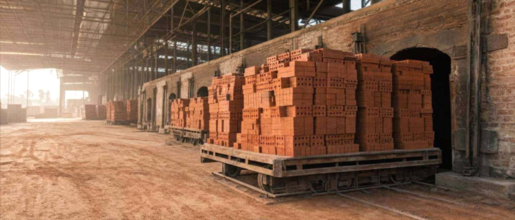Fresh clay bricks stacked by a kiln in a brick plant, where silica dust is part of daily work