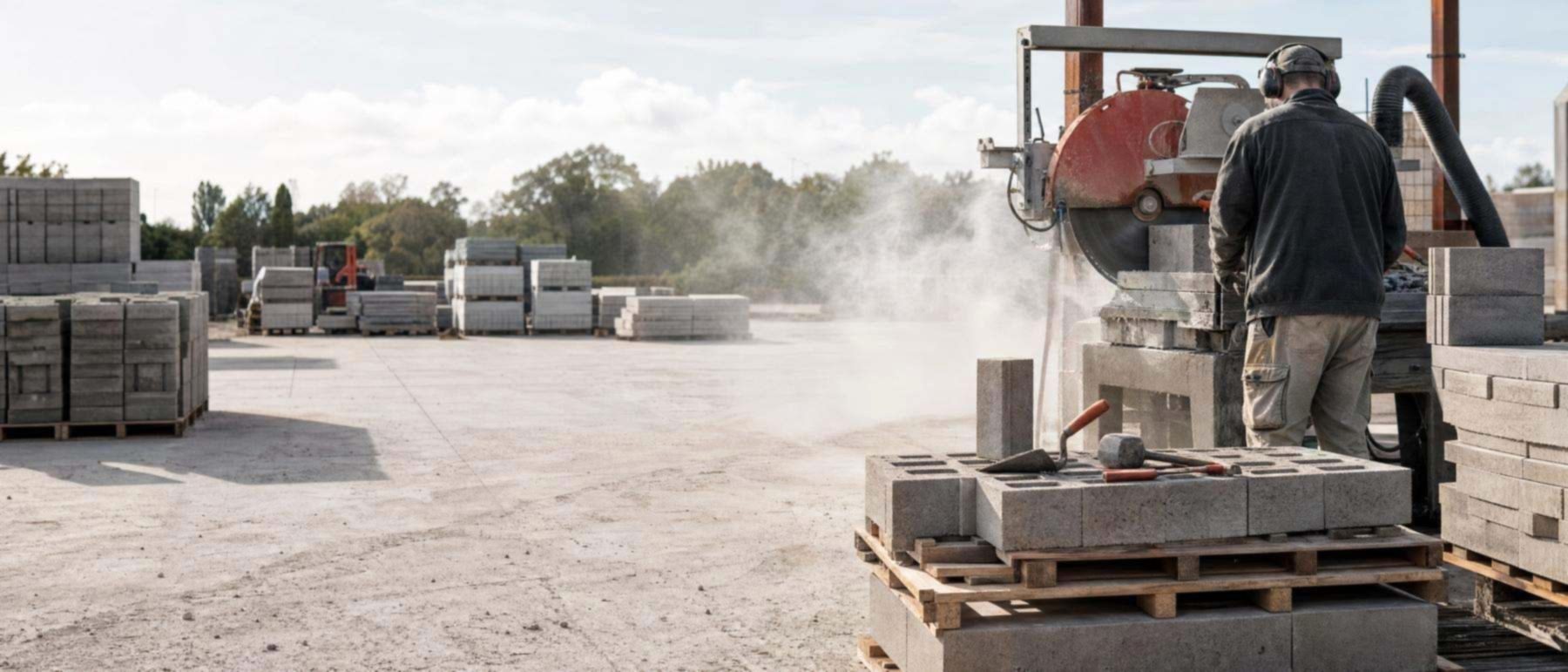 A block saw throwing concrete dust in a masonry yard, a common source of silica dust
