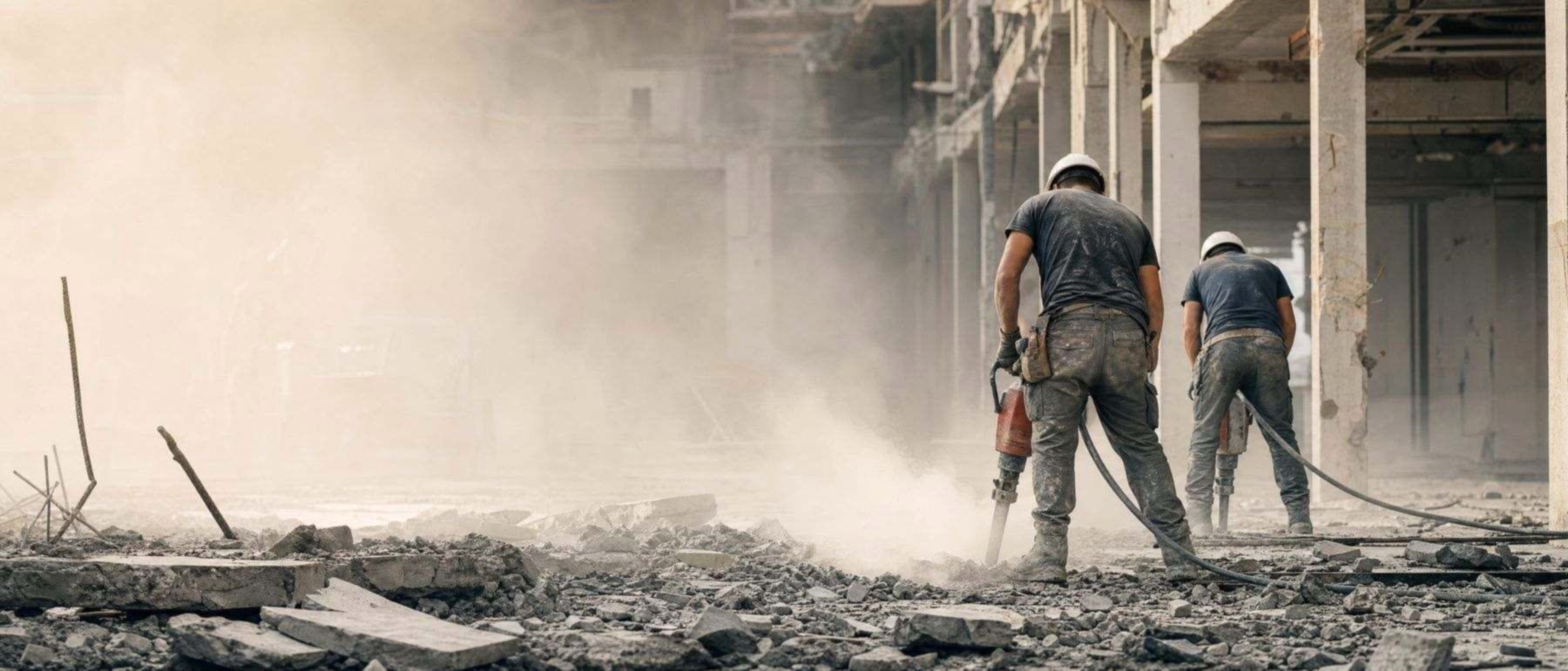Workers breaking up concrete with jackhammers on a demolition site, raising silica dust