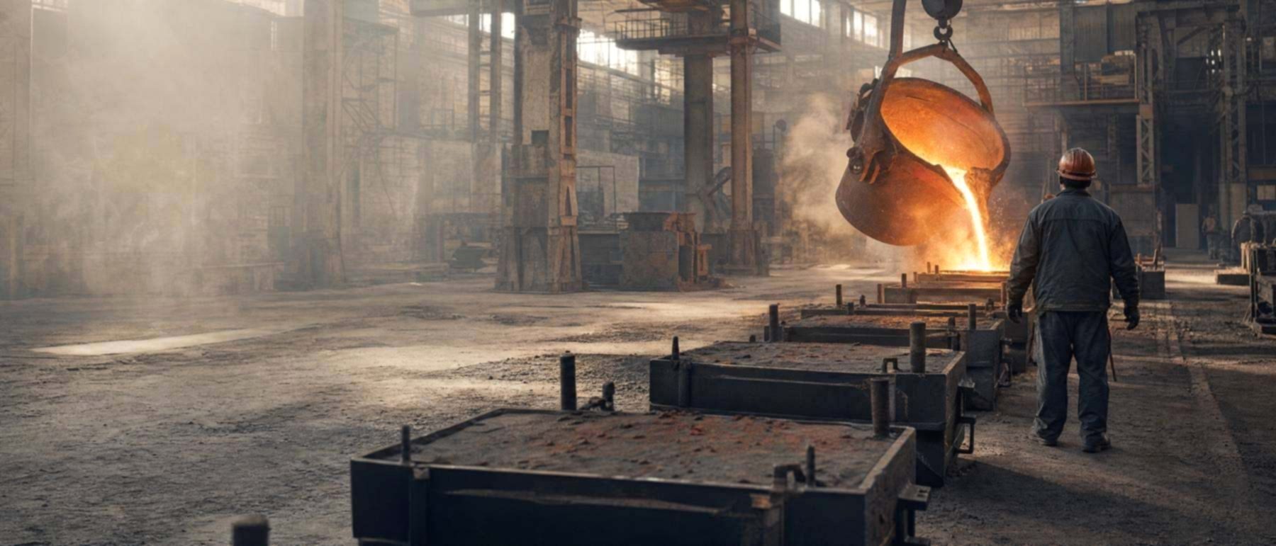 Sand molds and molten metal in a foundry, where silica dust comes from the molding sand