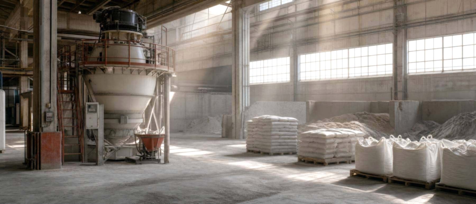 Bags of industrial sand and silica powder on a plant floor, with dust in the air