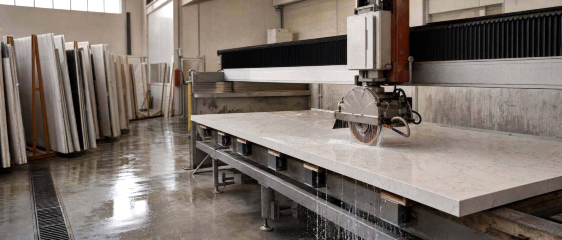 A bridge saw cutting a quartz slab in a countertop shop, the kind of workplace cited for silica dust