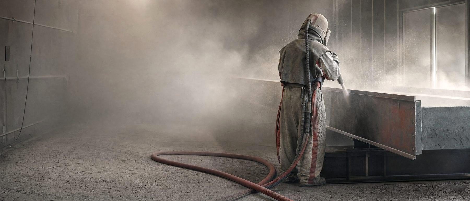 A worker in a blast suit sandblasting steel, one of the oldest causes of silicosis