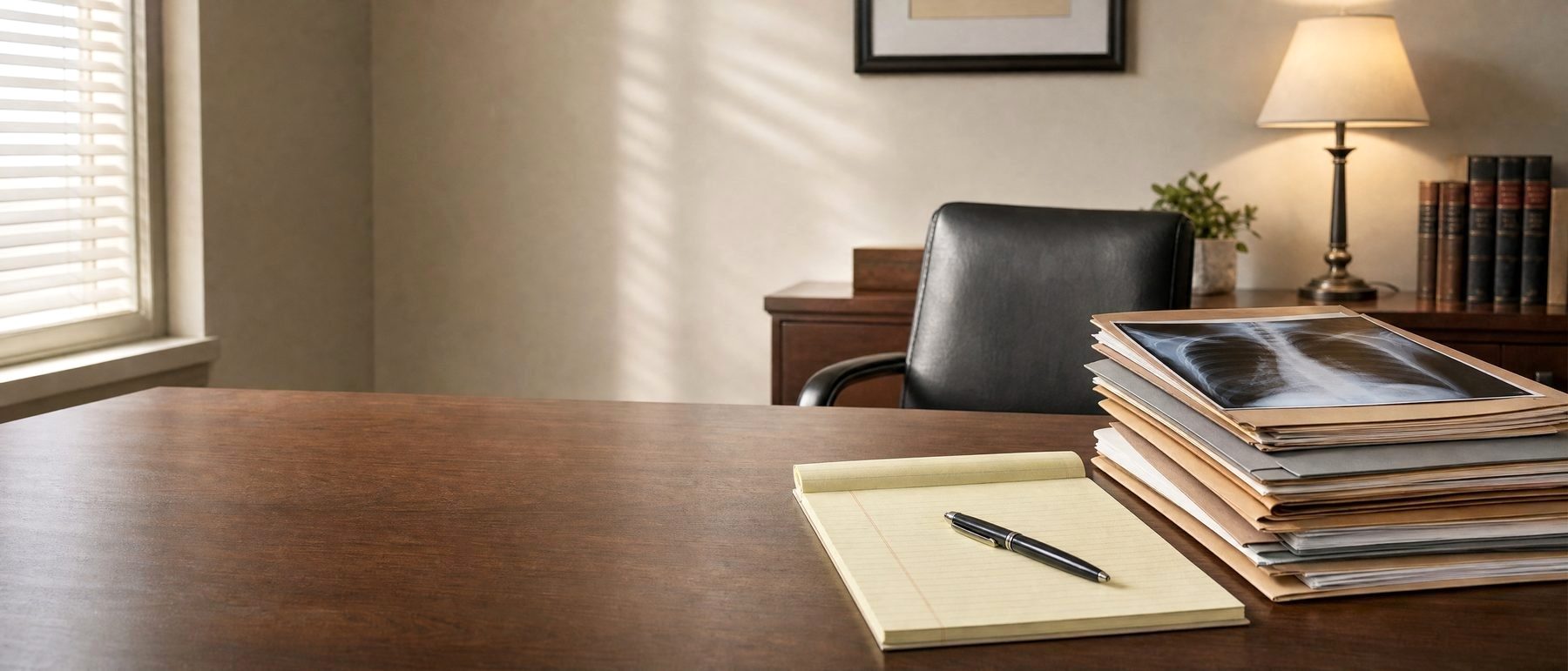 Silicosis lawsuit case files with a chest x-ray on a lawyer's desk