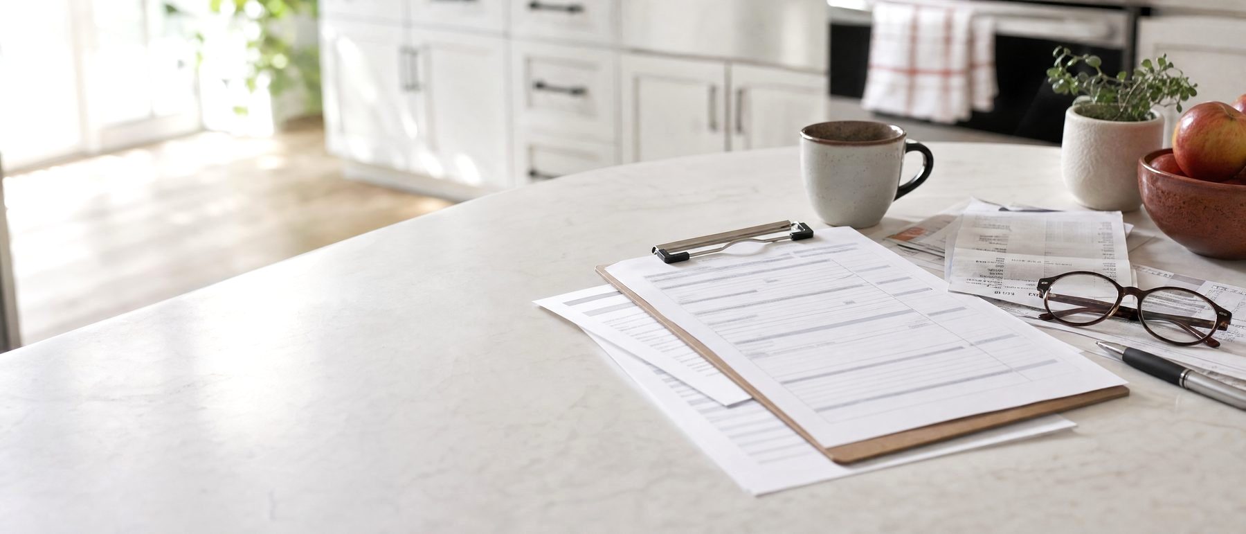 Workers' compensation claim forms and medical bills on a kitchen table, the paperwork of a silicosis workers' compensation claim